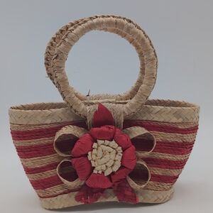 Handwoven Straw Tote Bag with Red Flower Accent